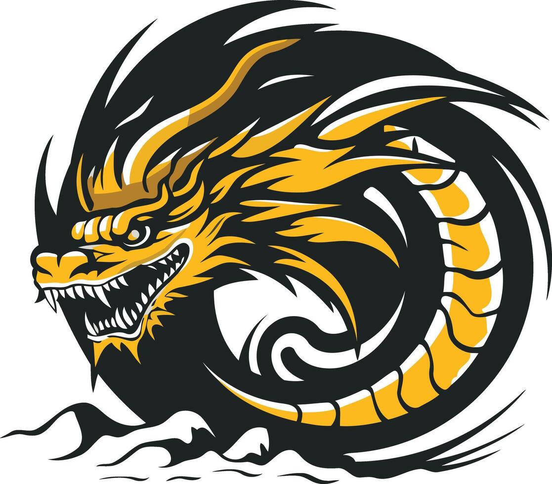 A fierce, stylized dragon coiled in a circle, ready to strike vector