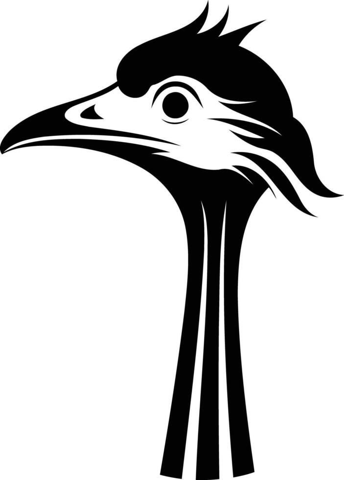 A striking black and white illustration of an ostrich's head and neck, perfect for logos, branding, or decorative purposes vector