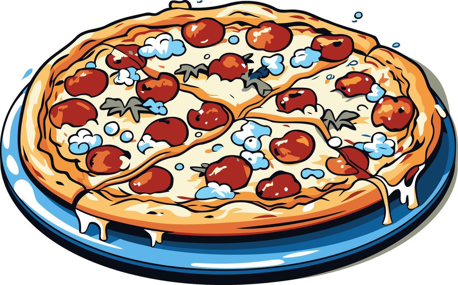 A delicious-looking pepperoni pizza with gooey cheese, served on a blue plate vector
