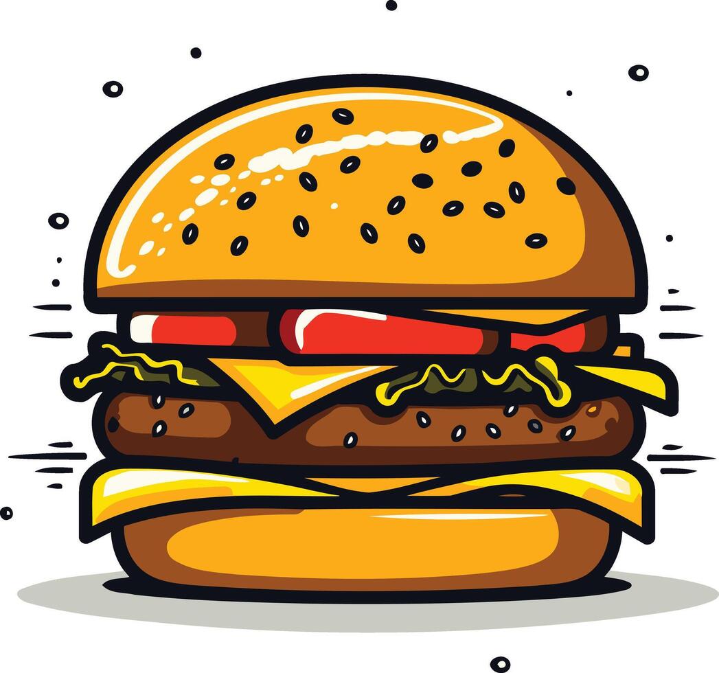 A cartoon illustration of a juicy cheeseburger with sesame seed bun, lettuce, tomato and cheese vector