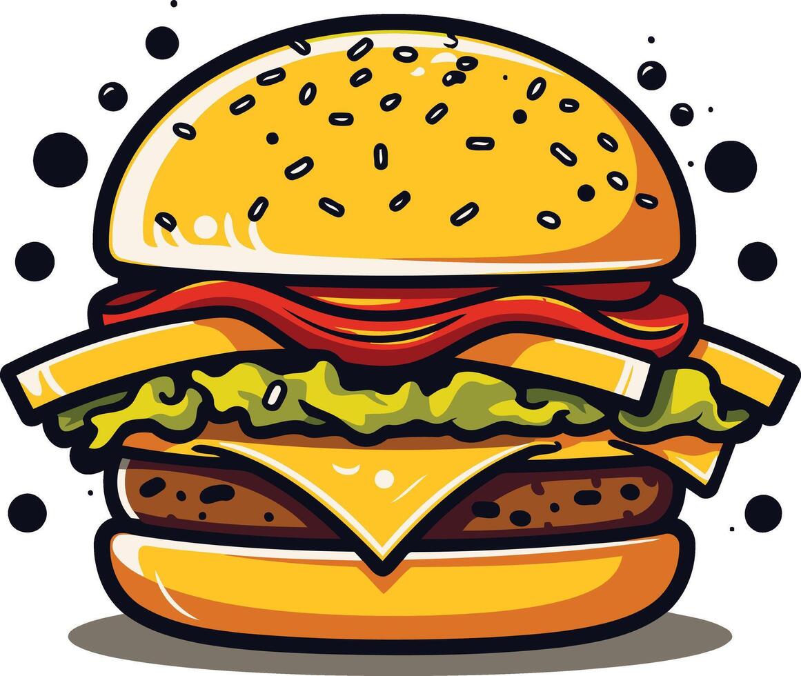 A juicy, cartoon-style burger with lettuce, cheese and tomato vector