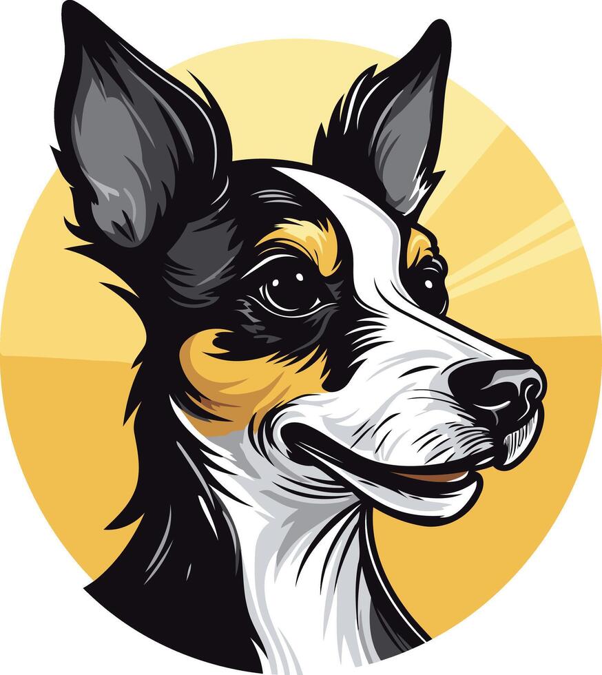 Cute cartoon illustration of a black and white dog with tan markings, looking to the right, smiling vector