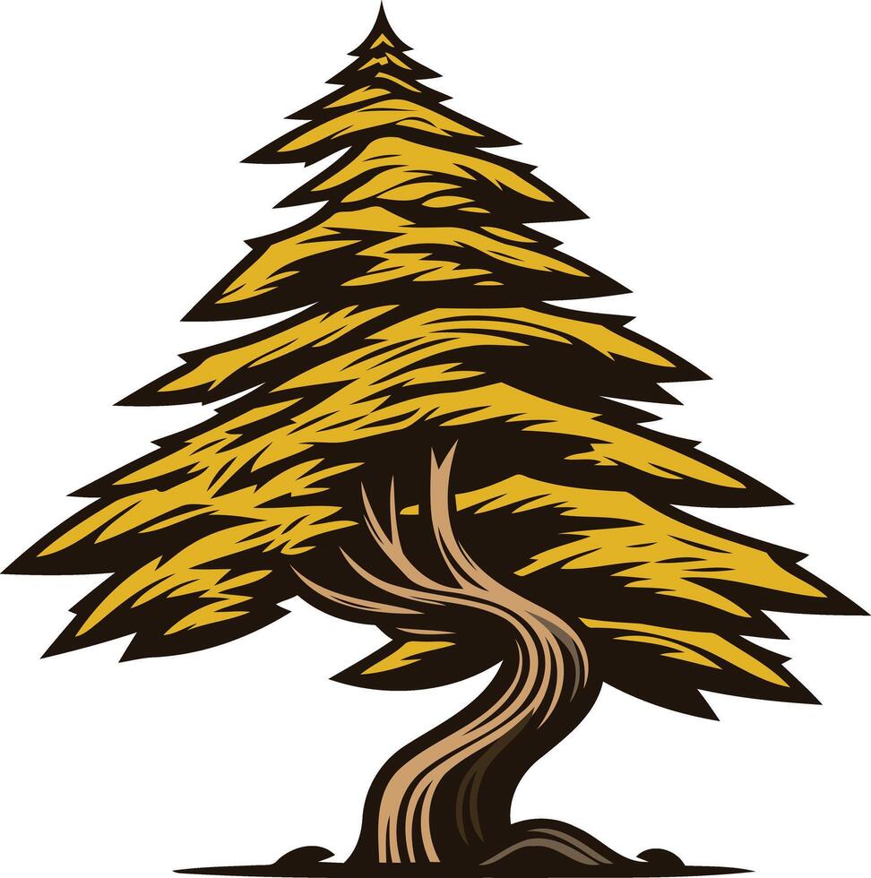A stylized illustration of a pine tree with a thick trunk and sweeping branches, perfect for use in logos, branding, or nature-themed designs vector