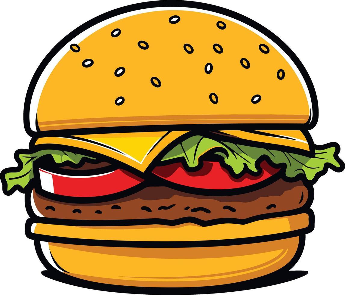 A cartoon illustration of a juicy cheeseburger with lettuce, tomato, and a sesame seed bun vector
