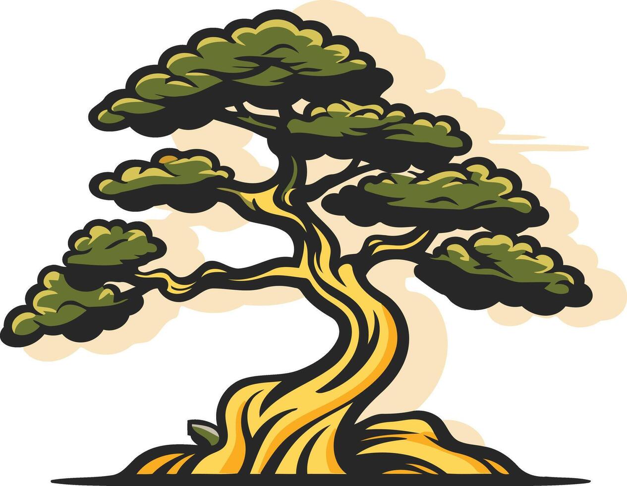 A stylized illustration of a bonsai tree with a thick, twisted trunk and lush green foliage vector