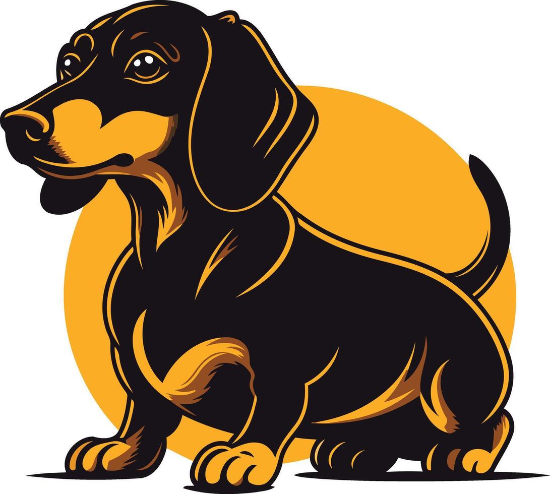A friendly cartoon dachshund dog in a sitting pose, outlined in bold black against a yellow sun vector
