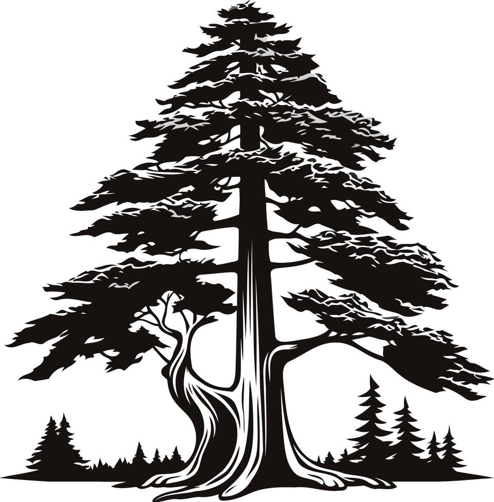A dramatic silhouette of a majestic evergreen tree with thick branches and a sturdy trunk vector