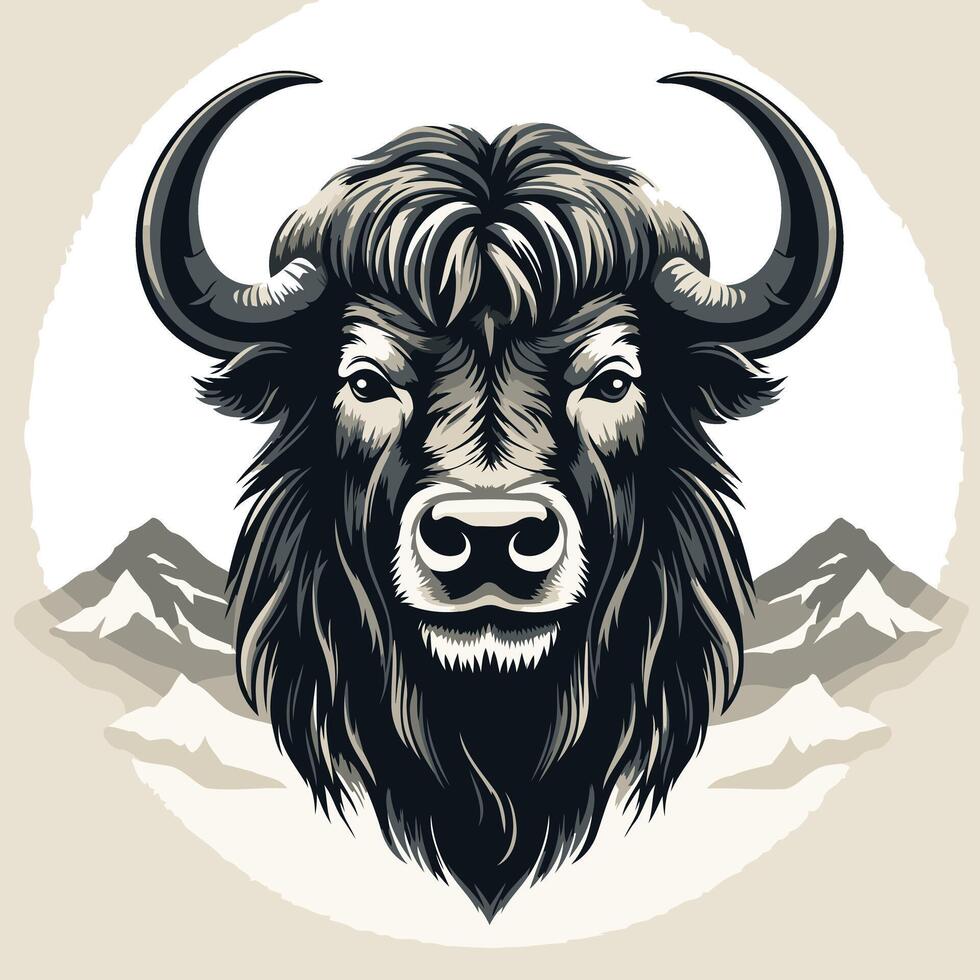 A powerful and majestic illustration of a yak's head against a mountain backdrop vector