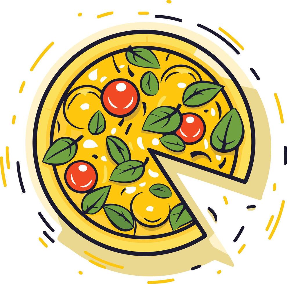 Cute, hand-drawn illustration of a pizza with a slice missing vector