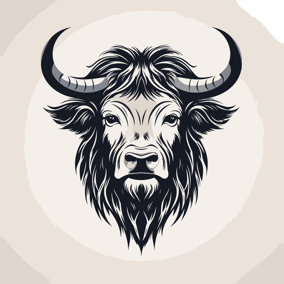 A striking black and white illustration of a bull's head, with detailed horns and a powerful gaze vector