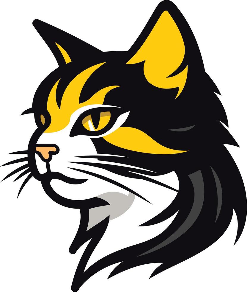 A bold, stylized illustration of a black, yellow and white cat with a confident expression vector