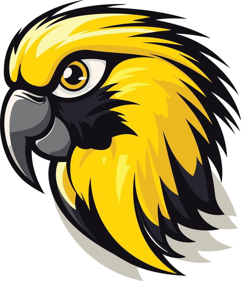 A fierce and bold cartoon parrot head illustration with bright yellow feathers and a sharp black beak vector
