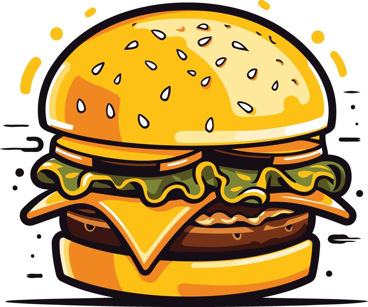 A juicy, cartoon-style hamburger with sesame seeds, cheese, lettuce, and a meat patty vector