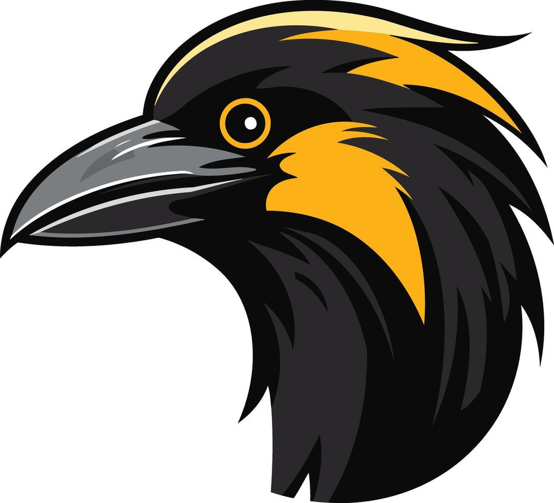 A striking illustration of a black raven's head with a yellow crest vector