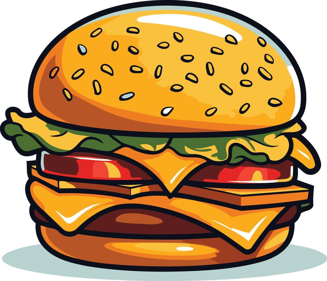 A cartoon illustration of a juicy burger with cheese, lettuce, tomato and sesame seeds on the bun vector