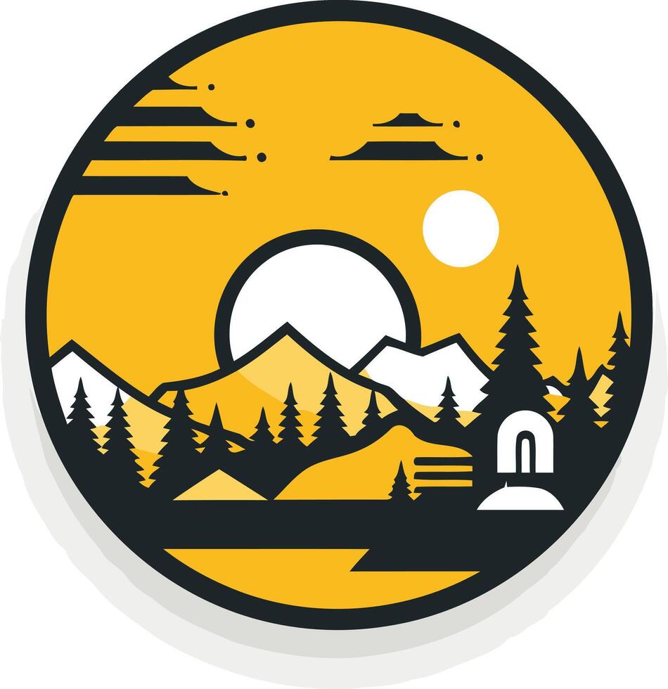 A minimalist, circular logo featuring a mountain landscape with a yellow background vector