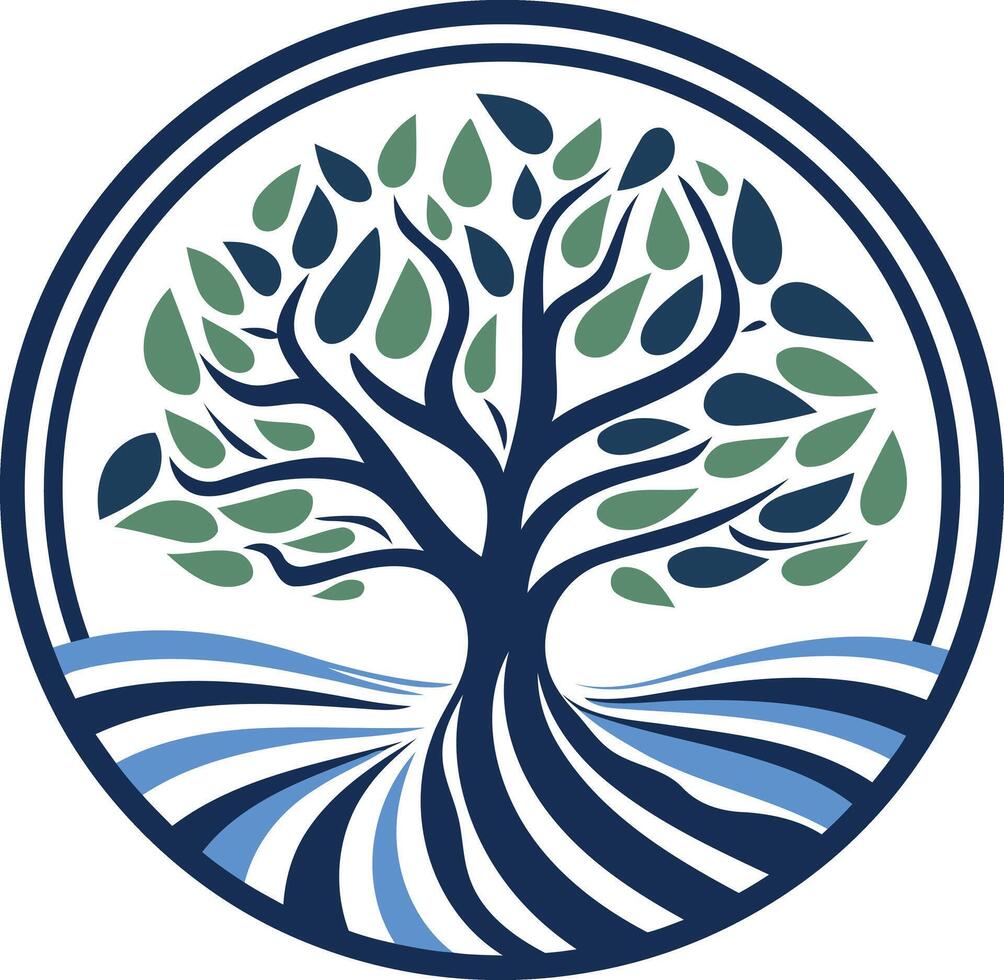 Abstract circular logo featuring a stylized tree with roots, representing growth, connection, and nature vector