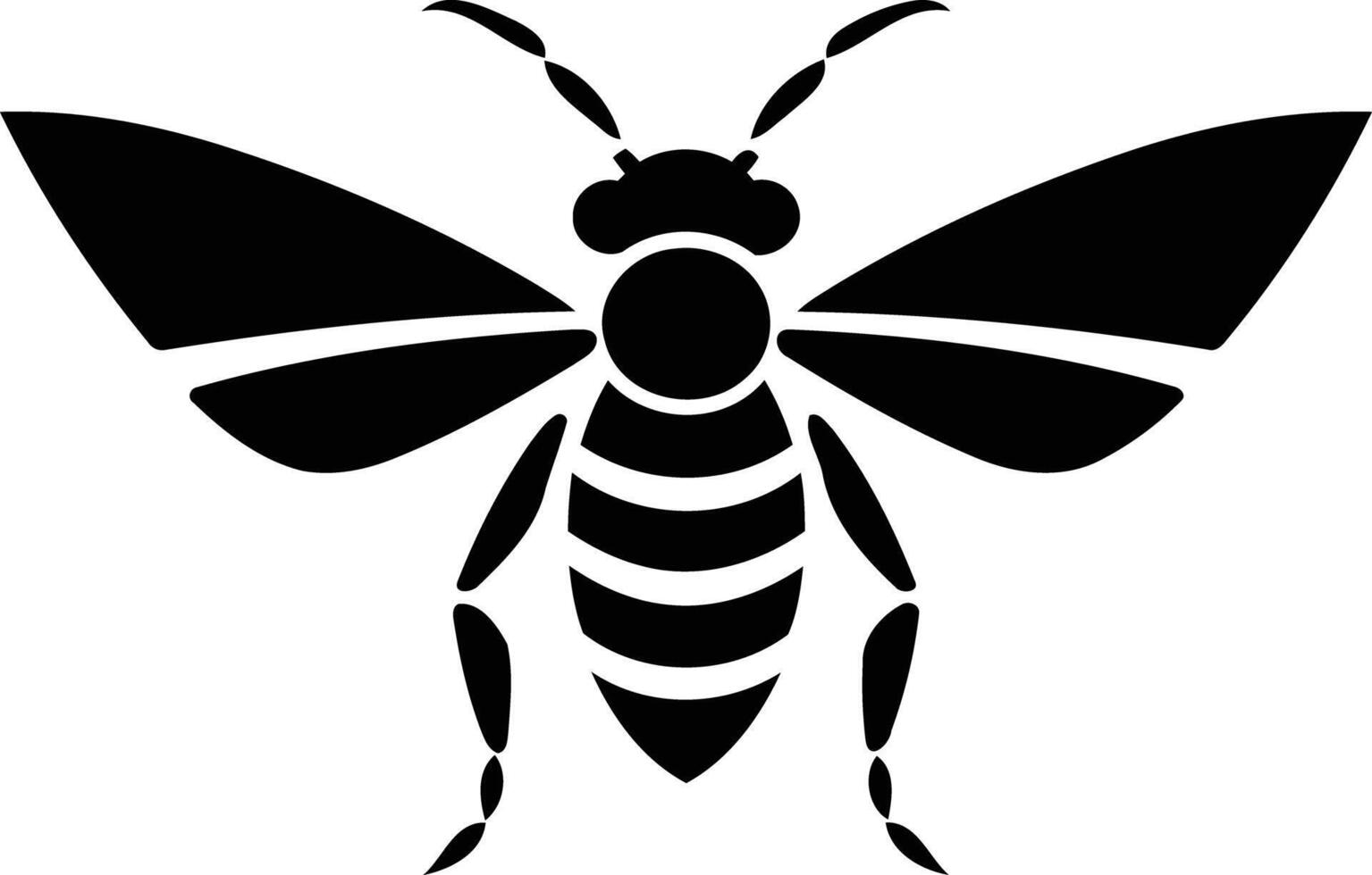 Simple, bold black and white silhouette of a bee with wings spread, perfect for logos, branding, or design elements vector