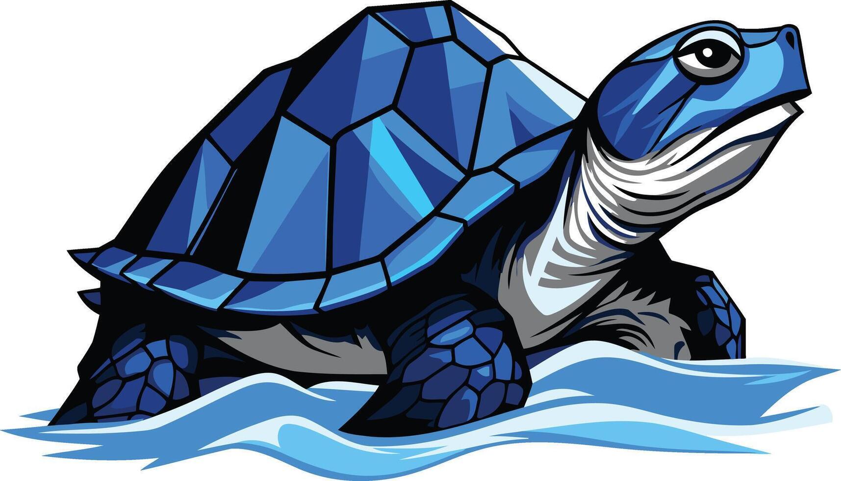 A powerful blue turtle with a stylized shell swims through rippling waves vector