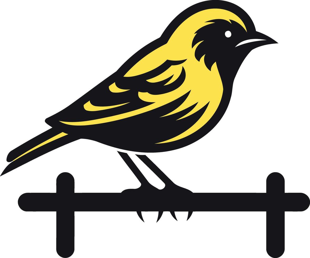 A stylized, bold silhouette of a yellow bird perched on a branch vector