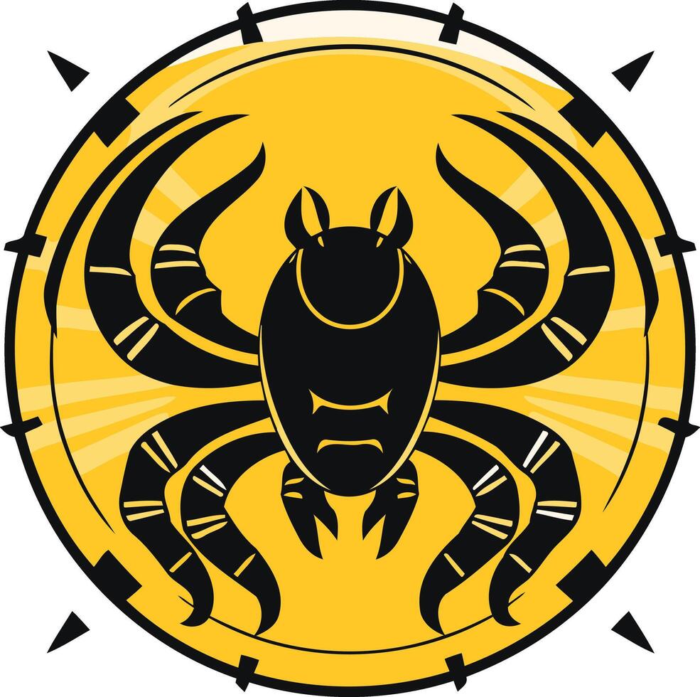 Bold and striking logo design featuring a stylized black spider against a vibrant yellow background vector