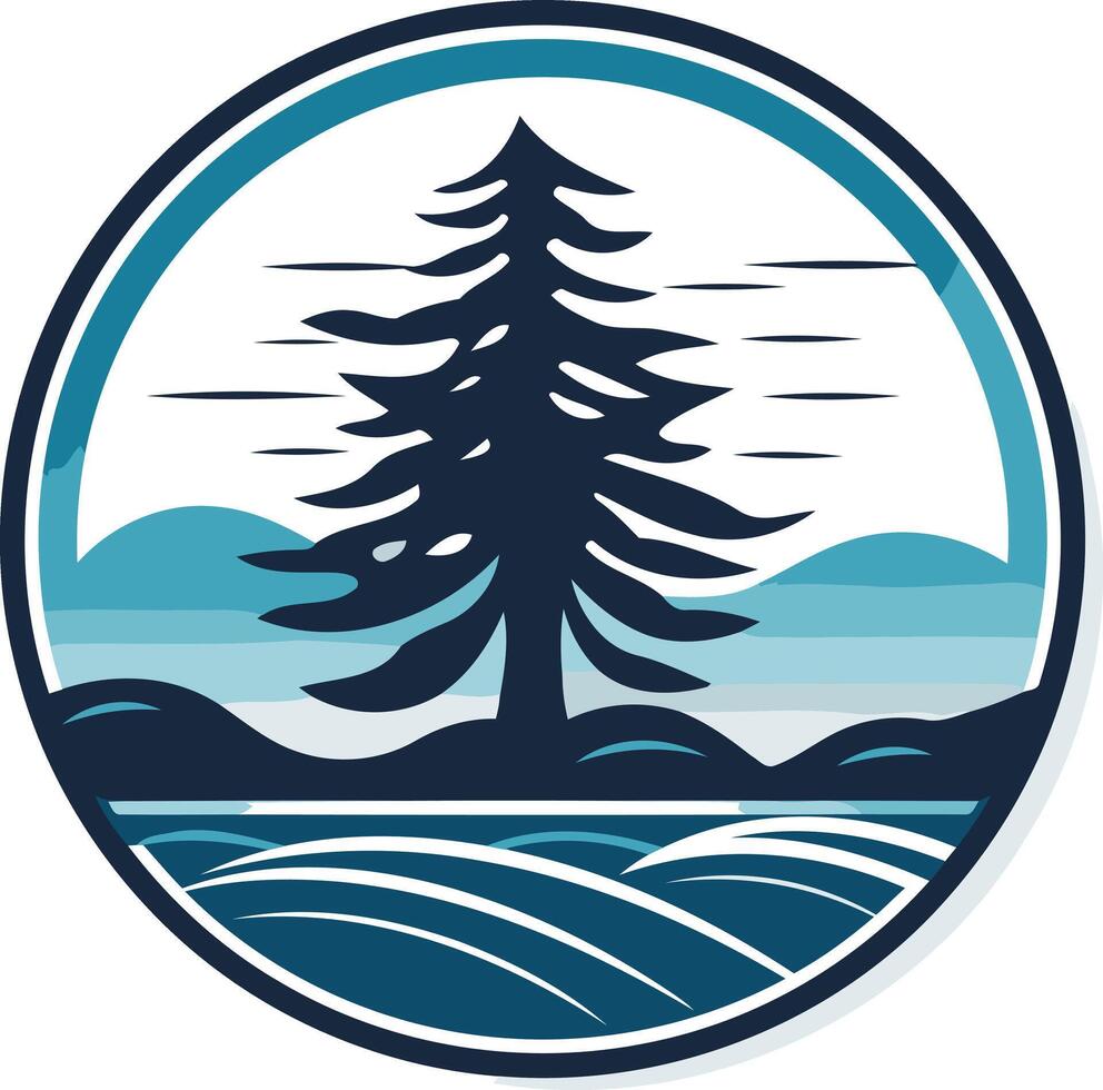 Circular logo with a stylized pine tree, hills, and water vector
