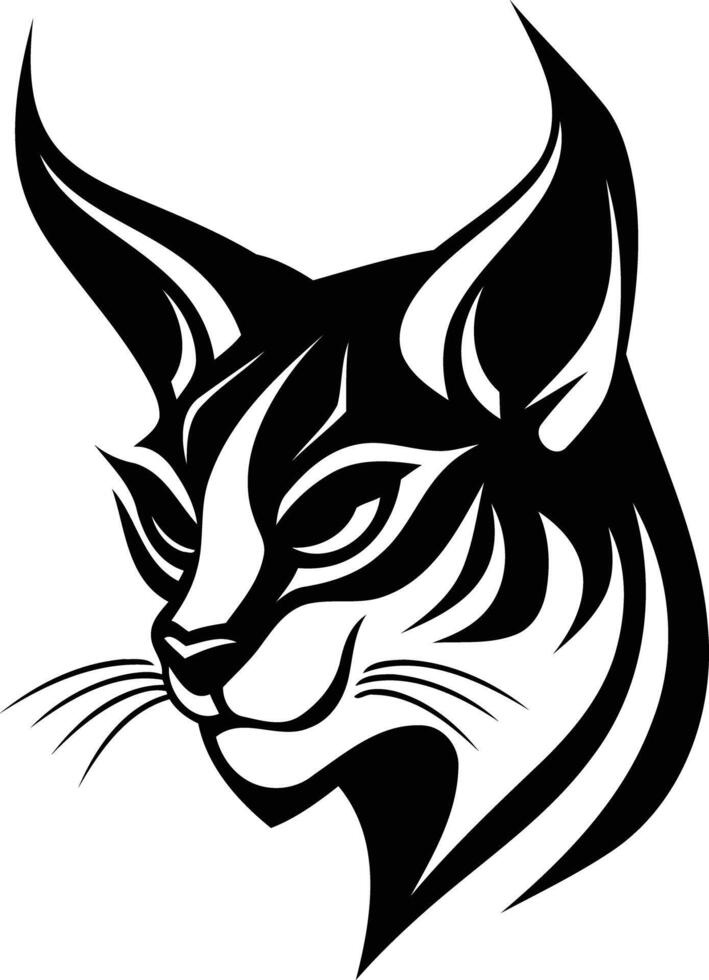 A striking black and white illustration of a cat's head, rendered in a bold, tribal style vector