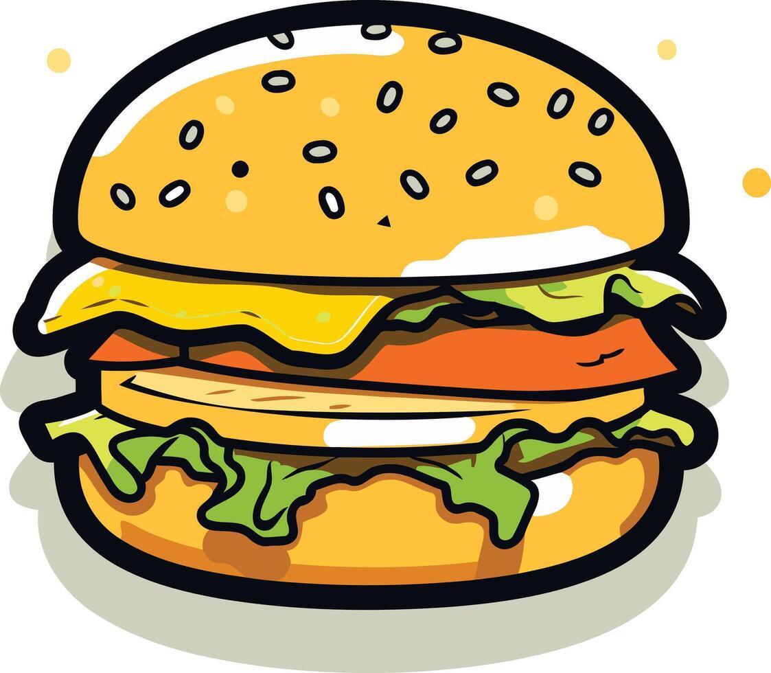 Cartoon illustration of a delicious-looking hamburger with sesame seed bun, lettuce, cheese, and tomato vector
