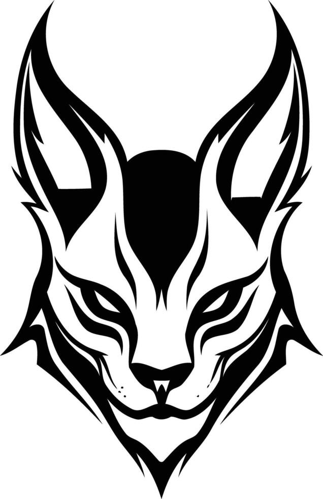 Black and white illustration of a stylized cat head with sharp features and intense eyes vector