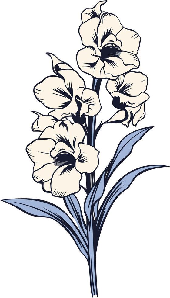 Elegant hand-drawn floral illustration featuring delicate white flowers with blue leaves vector