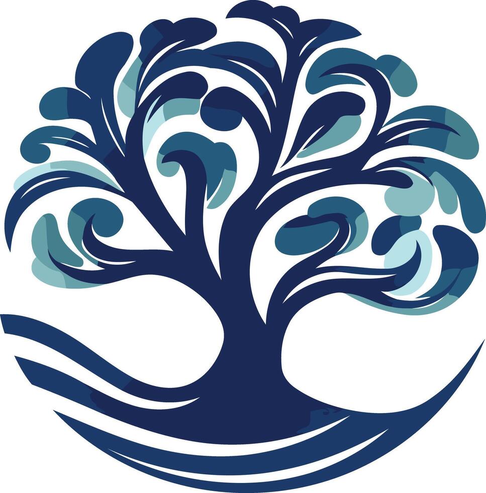 A stylized blue tree with intricate branches, set against a white background, perfect for creating a logo or branding for nature-related businesses or organizations vector