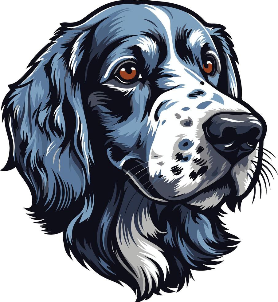 A striking illustration of a black and white dog, featuring a close-up of its head with a soulful expression vector