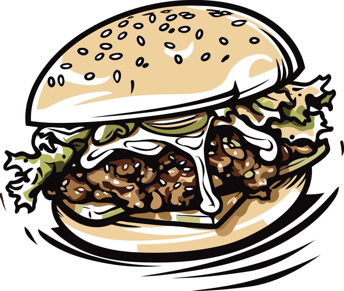 A juicy burger illustration with sesame seed bun, lettuce, cheese, and a meat patty vector