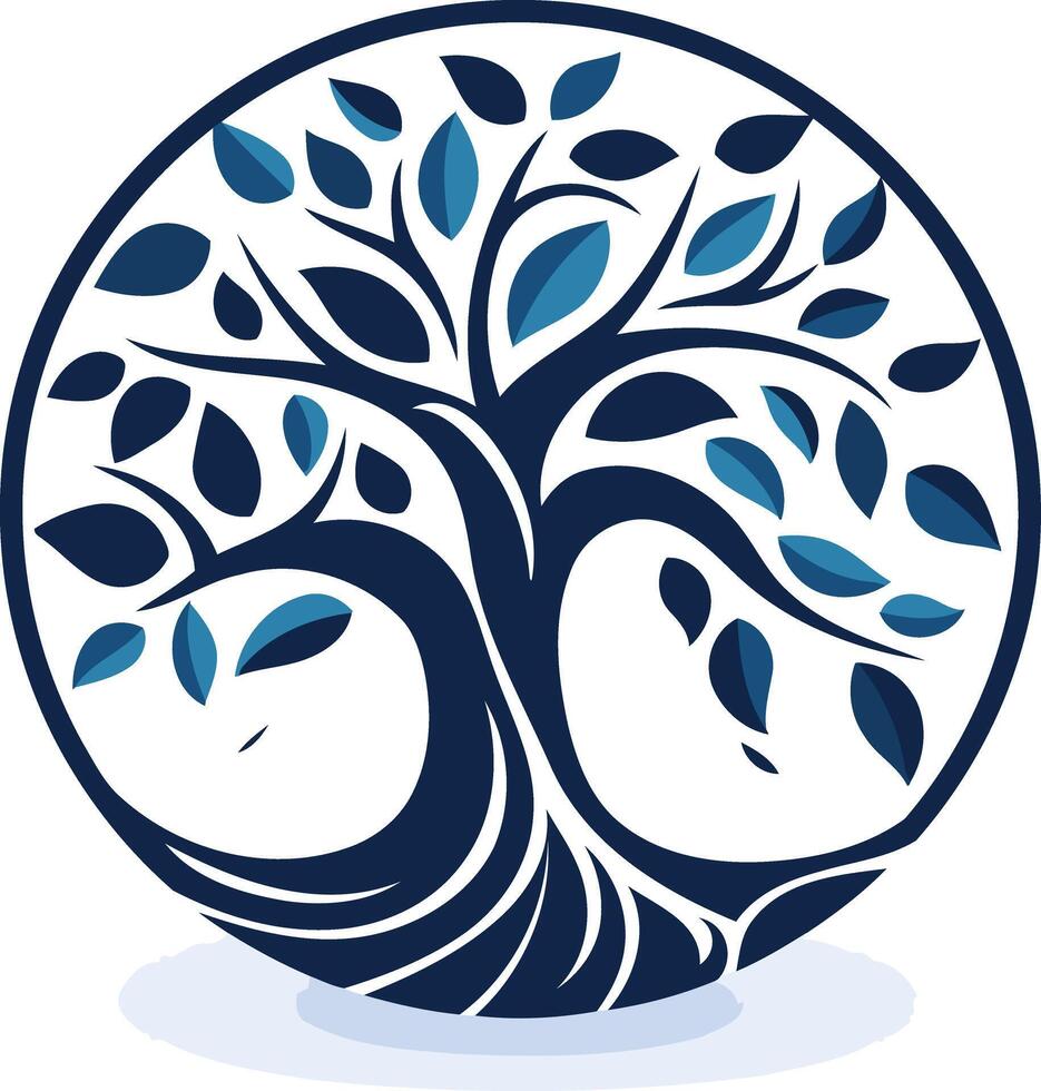 Stylized tree logo with circular design, featuring dark blue branches, leaves, and roots on a white background vector
