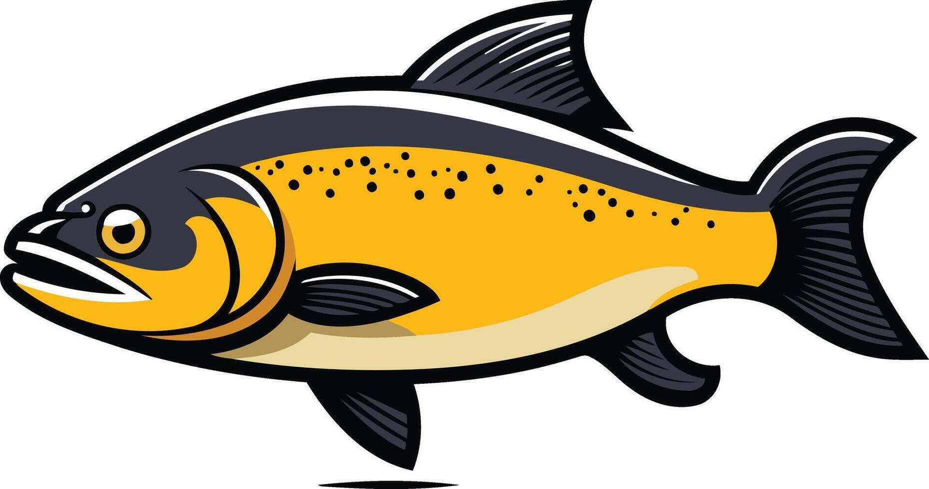 Cartoon illustration of a yellow and black salmon fish, perfect for logos, branding, and children's products vector