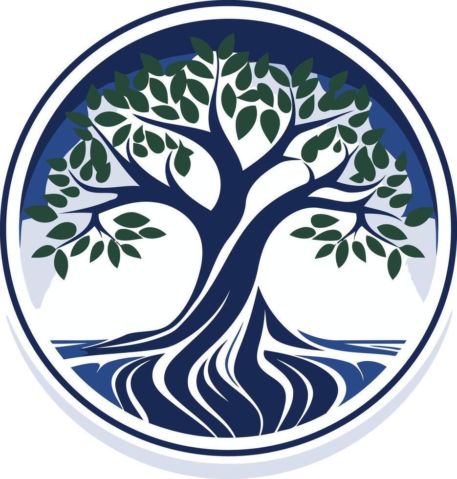 Circular logo featuring a stylized tree with blue roots and green leaves, representing growth, stability, and connection vector