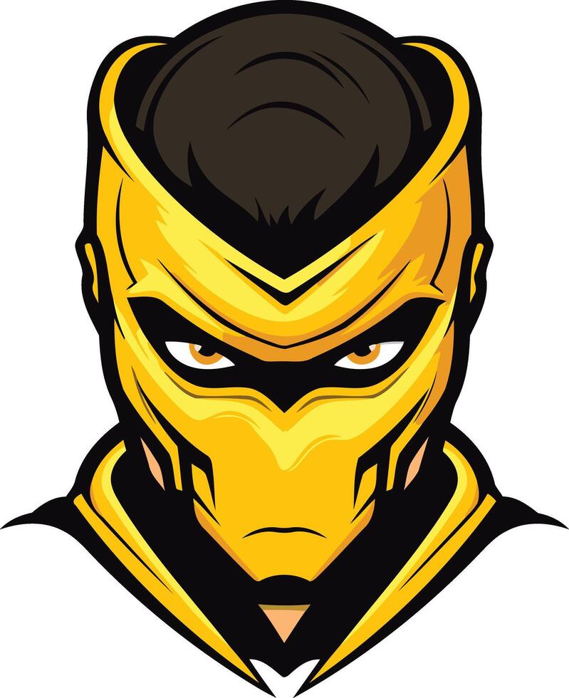 A fierce, stylized illustration of a masked warrior in yellow and black vector