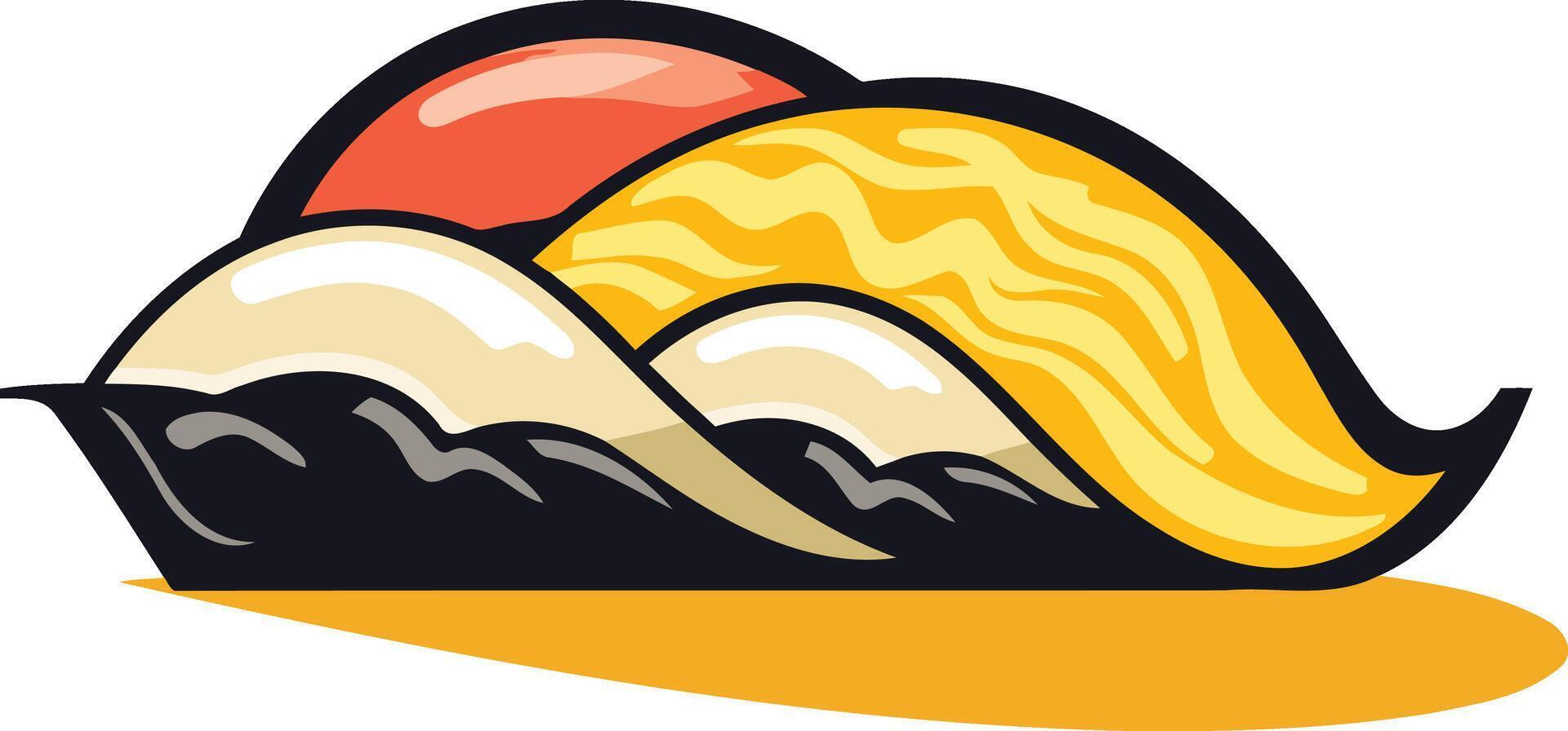 Abstract logo design featuring three stylized waves in yellow, white, and red, evoking a sunrise or sunset over water vector