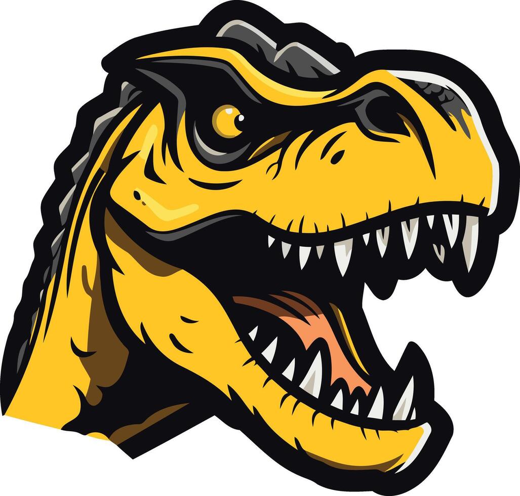 A fierce cartoon tyrannosaurus rex with yellow scales and black details, roaring with its mouth open wide vector