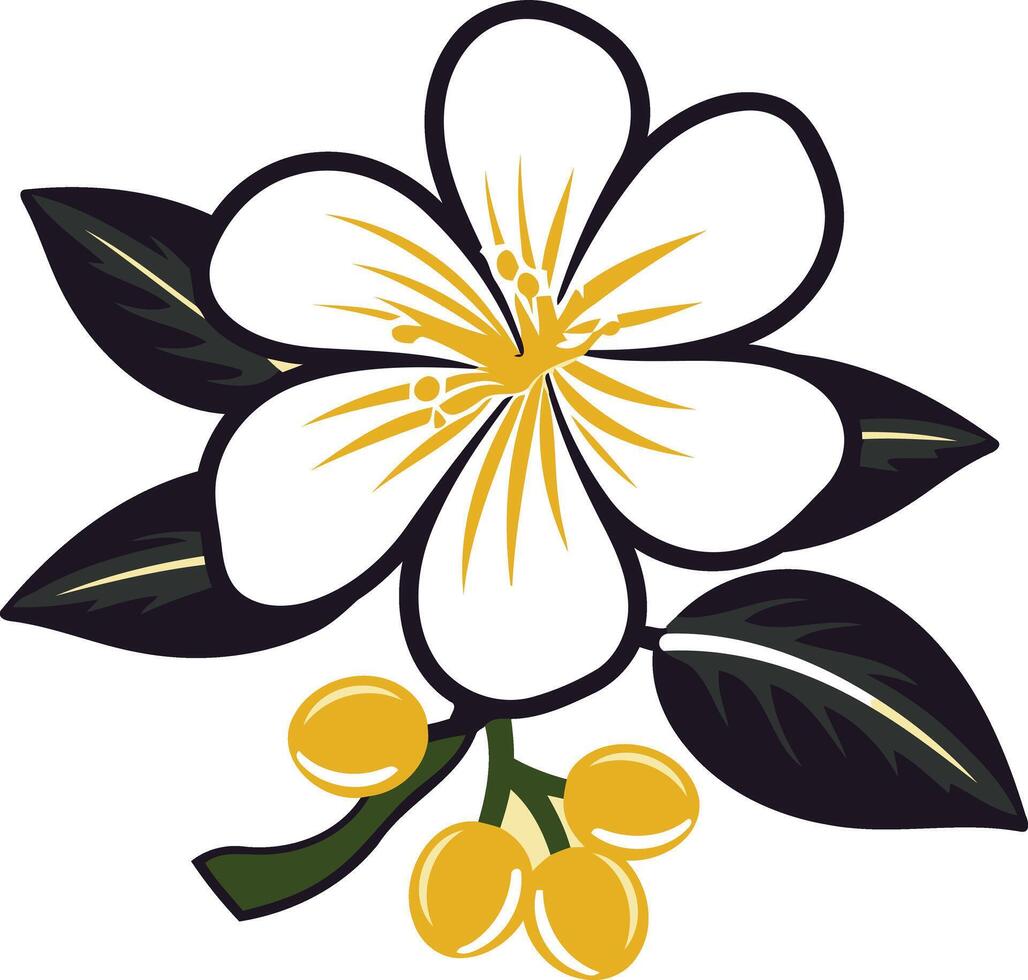 Simple, stylized illustration of a white blossom with yellow center, surrounded by green leaves and yellow fruit vector