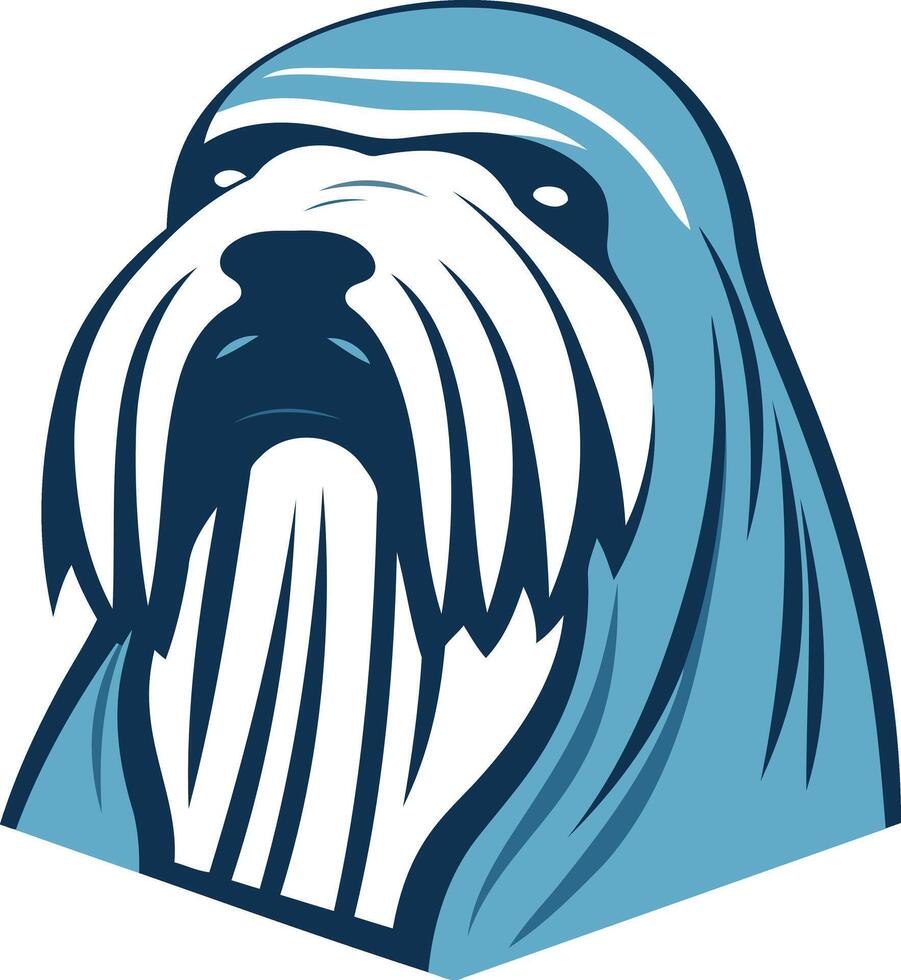 A bold, graphic illustration of a dog's head in a blue, hooded cloak vector