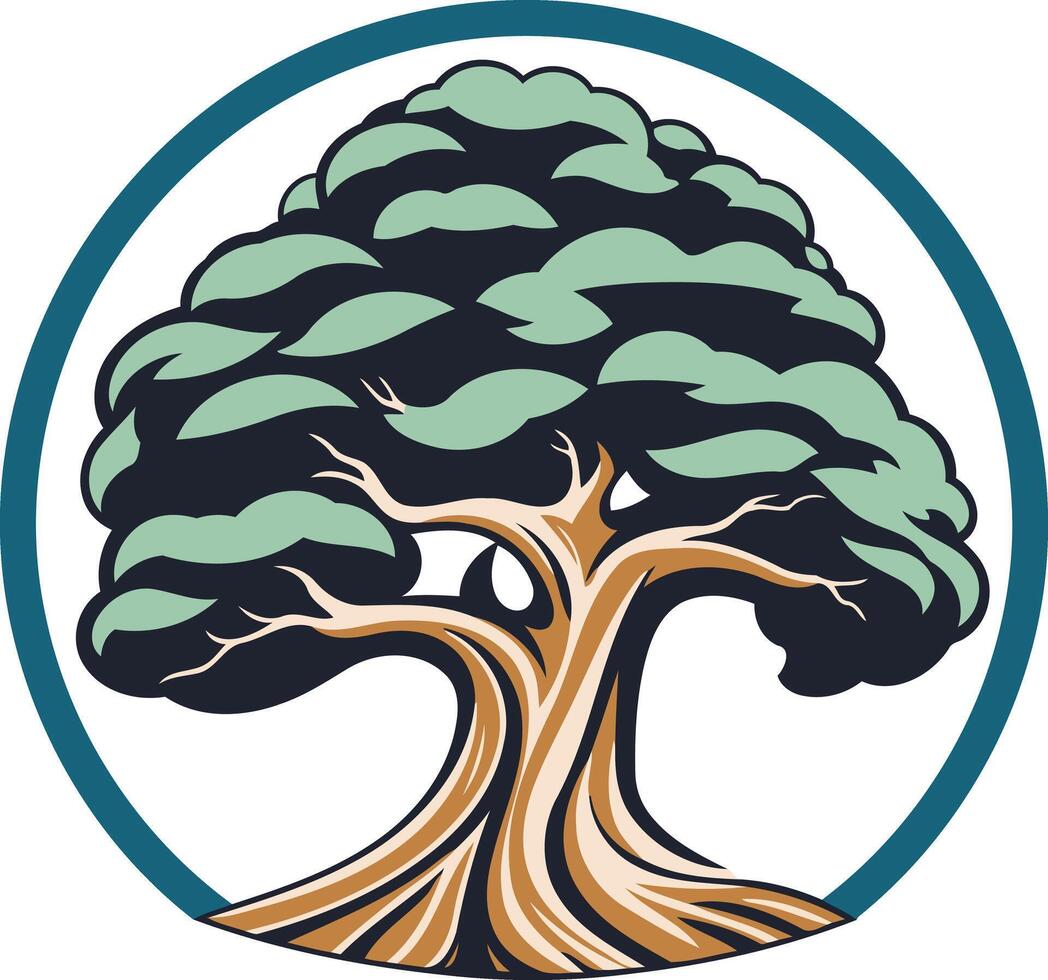 A stylized illustration of a large tree with green foliage and a thick, brown trunk, enclosed within a circular teal frame vector