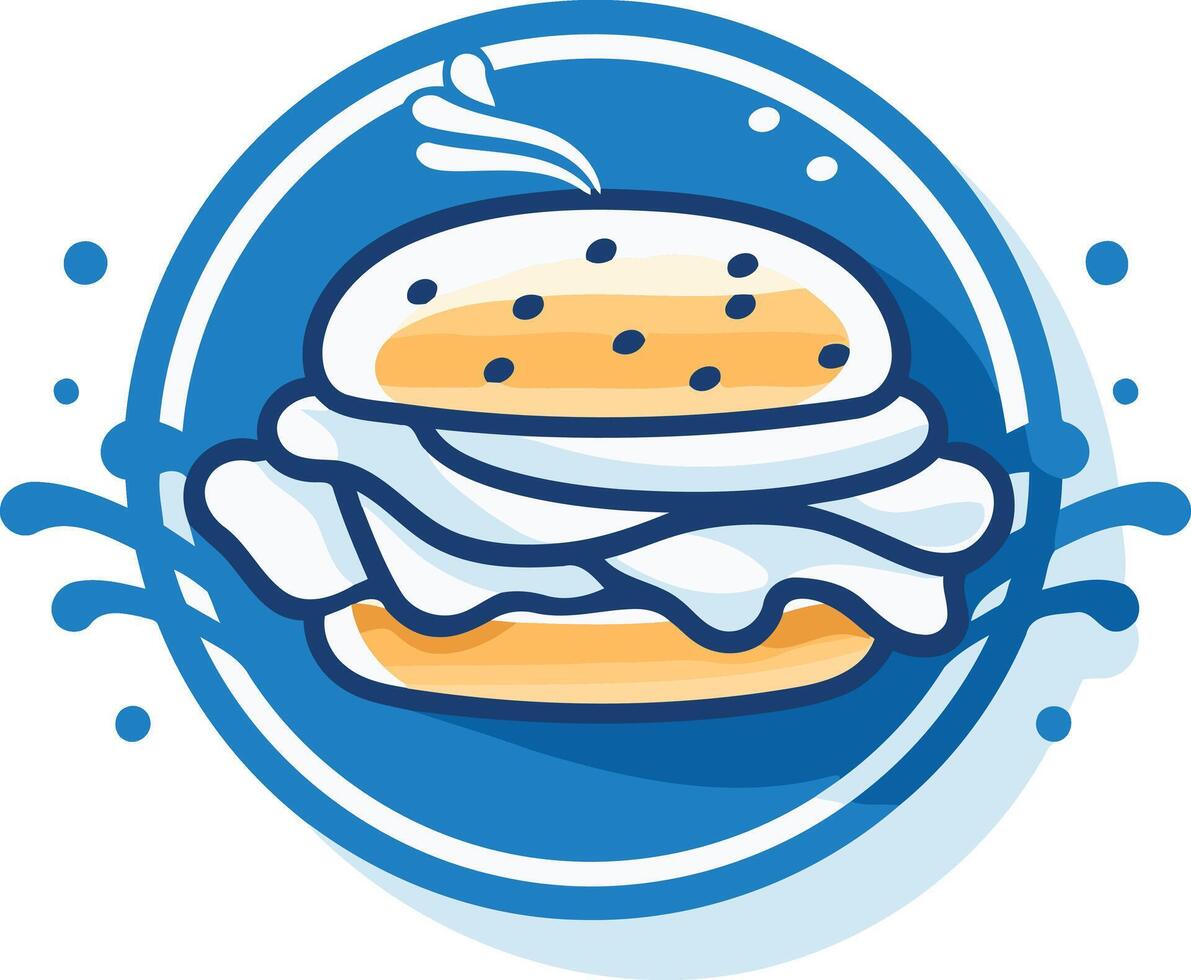 A colorful and fun cartoon burger logo with a blue circle background and white water splashes vector
