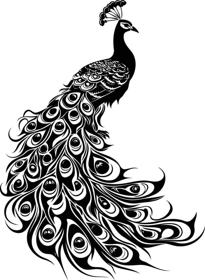 Elegant black and white peacock silhouette with intricate tail feathers, perfect for tattoo designs, fashion prints, and decorative art vector