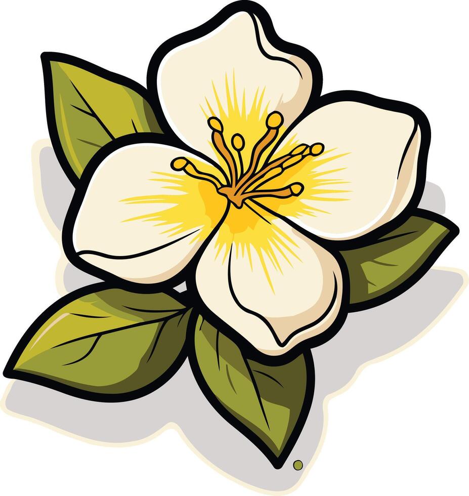 A charming cartoon illustration of a single, white blossom with yellow center, set against a simple background of green leaves vector