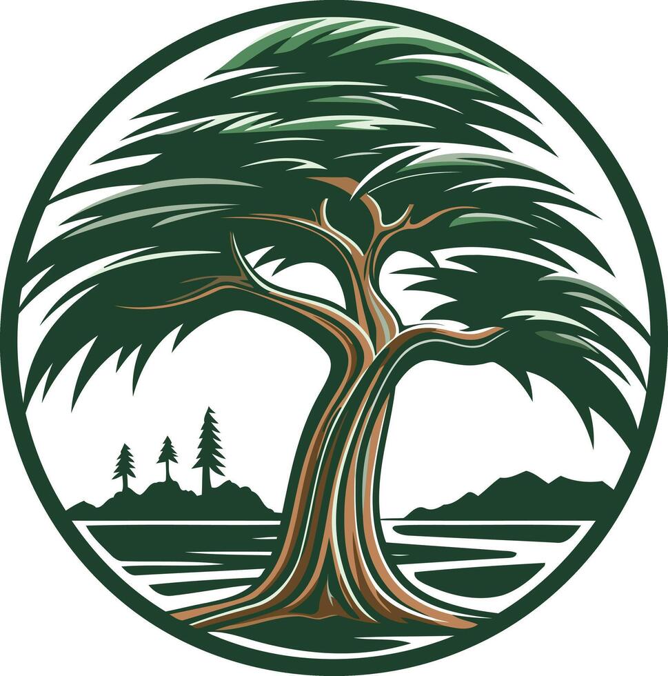 A strong, stylized tree with windswept branches in a circular design vector