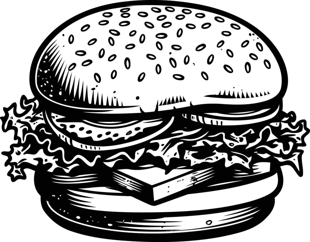 Black and white illustration of a classic hamburger, perfect for menus, packaging, or branding vector