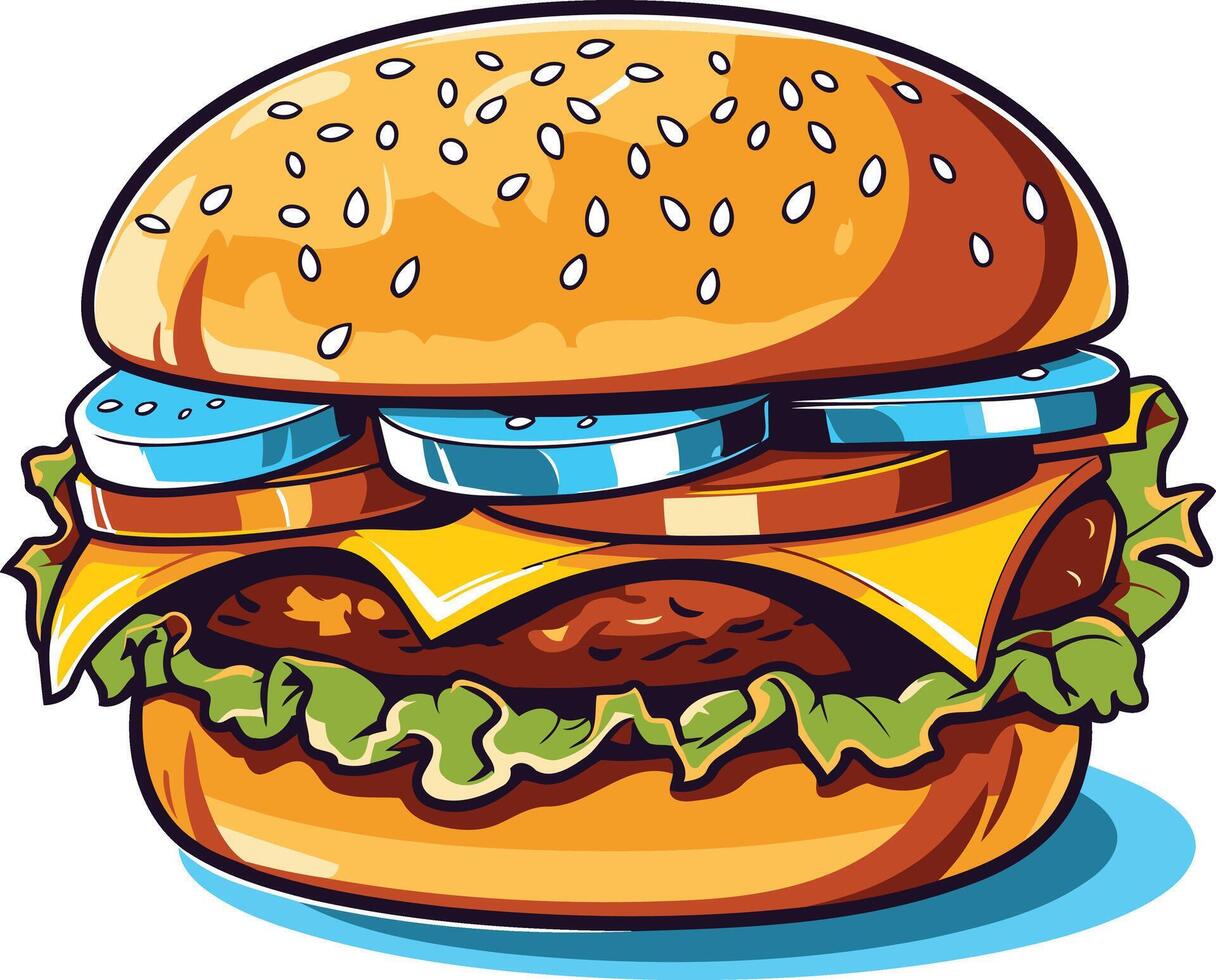 A delicious cartoon hamburger with cheese, lettuce, and pickles vector