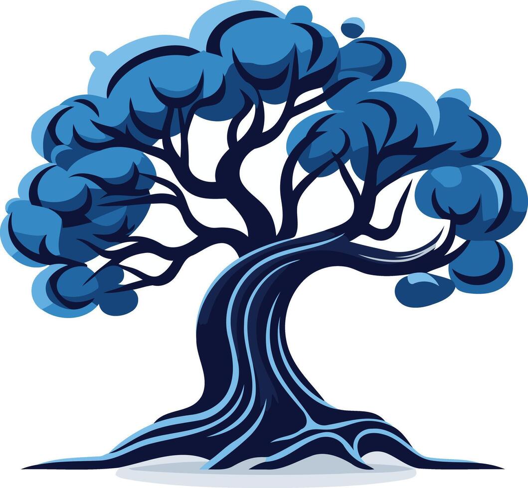 A stylized blue tree with a twisted trunk, symbolizing strength and resilience vector