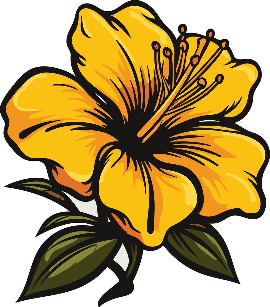 A vibrant, cartoon-style yellow hibiscus flower with green leaves, perfect for adding a tropical touch to your designs vector